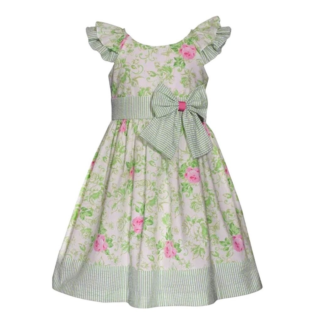 NWT Bonnie Jean Girls Double Ruffle Floral Dress Pink Green Size 6X $90 [jb]